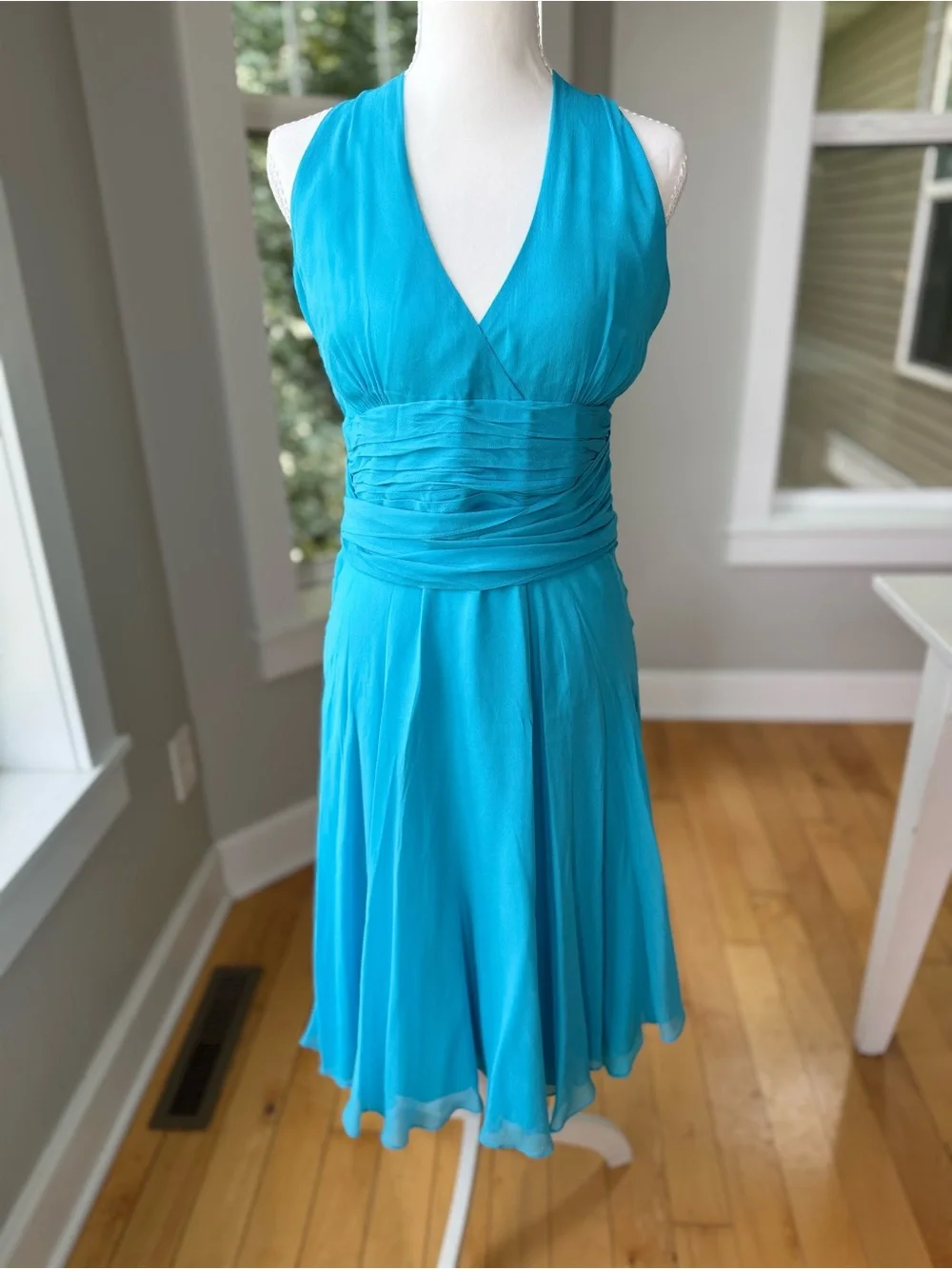 Maggy London Turquoise Silk Halter V-Neck Midi Dress Sz 14